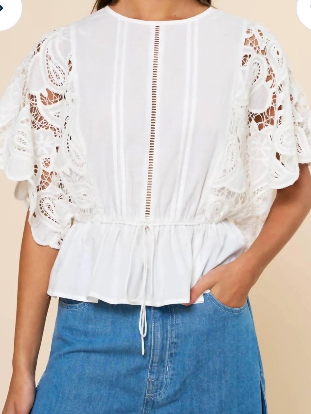 White Lace Eyelet Peplum Blouse Boho Embroidery Top Size L NWT